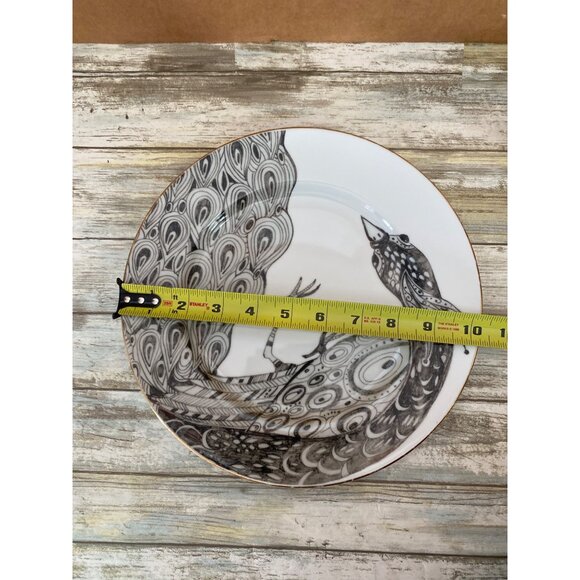 Anthropologie Peacock 10" Dinner Plate Japan Black White Gold Rim Discontinued - Picture 8 of 8